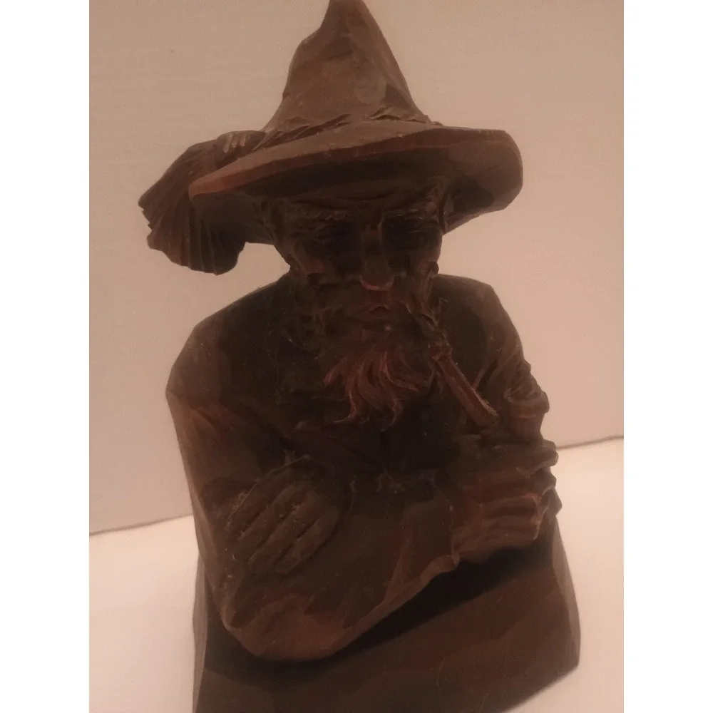 Vintage Folk Art Wood Carving Old Man Smoking Pipe Rustic